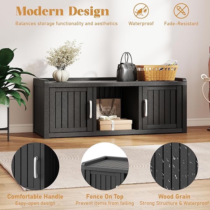 2-Tier Storage Bench, Waterproof UV-Resistant Outdoor Shoe Storage Cabinet with 2 Doors & Adjustable Shelves for Indoor Outdoor Entryway, Hallway, Living Room(Black) NBYSGO