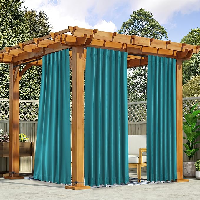 NICETOWN 2 Panels Outdoor Curtains Waterproof Pocket & Back Tab on Top & Bottom, Thermal Insulated Windproof Sun Blocking Outside Privacy Drapes for Patio with Fixed Rope, W52 x L84, Peacock Teal NICETOWN