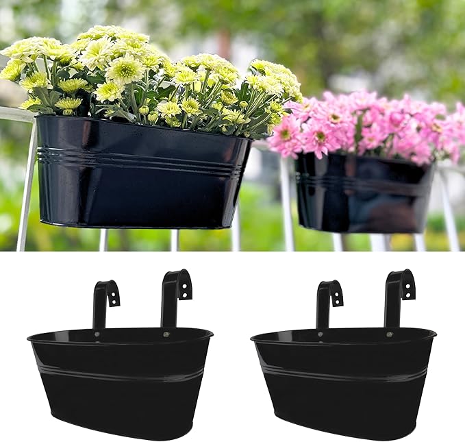 LaLaGreen Rail Planter Outdoor Plants (11.8 Inch, 2 Pack) Black Metal Iron Fence Hanging Flower Pots Deck Railings Buckets Countryside Boho Style Wall Mount Window Box Plant Holder Hooks Porch Decor L%C3%A1L%C3%A1Green