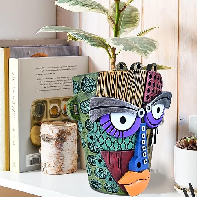 Abstract Face Planter Pots for Plants,Hand-Painted Colorful Flower Pots with Drainage, Indoor Outdoor Garden Decor Gift(Classic,Large) Midogaigai