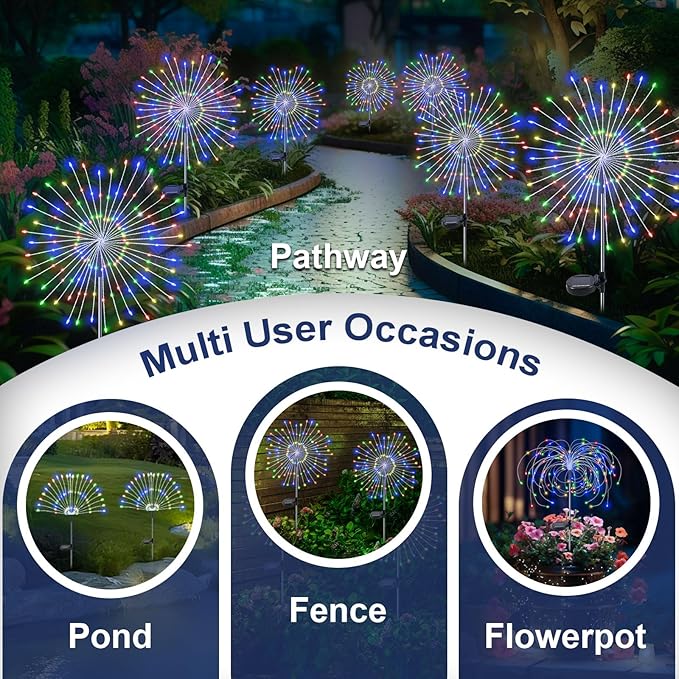 Solar Garden Lights Outdoor, 2 Pack 120 LED Twinkling Firework Lights Decorative with 2 Modes, Outdoor Waterproof Solar Starburst Light for Outside Yard Pathway Garden Decor, Multicolor Yaafen