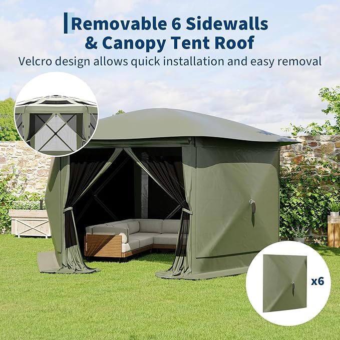 11.5x11.5FT 6-Sided Pop Up Gazebo Tent，One-Push Setup Canopy Tent with Mesh Panels & Removable Wind Cloths, Outdoor shelter for Camping, Backyard Parties, Outdoor Events - Army Green GarveeLife