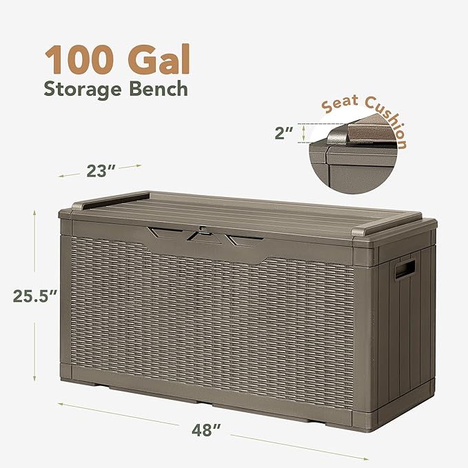 Flamaker Deck Box with Cushion 100 Gallon Waterproof Resin Storage Box with Air Rod Indoor Outdoor Lockable Storage Bench for Patio Furniture, Tools, Pool Accessories (Brown) Flamaker