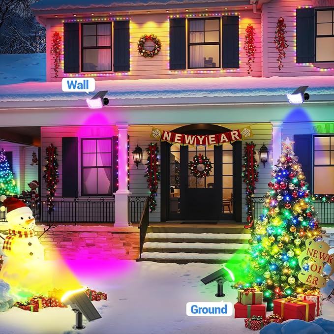 WdtPro 2 Pack Solar Color Changing Spot Lights, 10 Lighting Modes Solar Lights Outdoor Waterproof, Multicolor RGB Outdoor Lights, 9 Colors Auto Cycling Landscape Spolights for Yard Garden Decoration WdtPro
