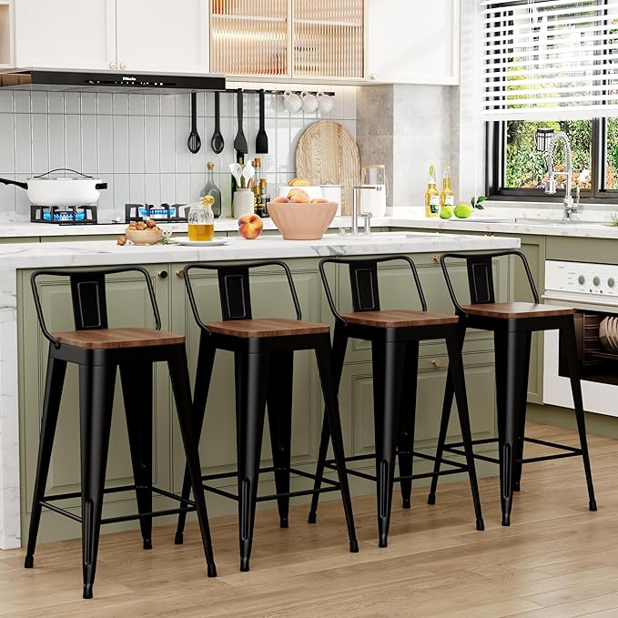 WENTMENT Bar Stools Set of 4 Counter Height Metal Barstools with Removable Back 30" Kitchen Bar Stools with Wooden Seat, Black WENTMENT