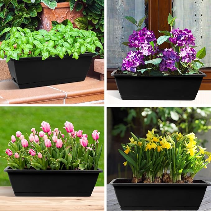 8pcs Window Box Planter,17 Inches Flower Window Boxes,Rectangle Planters Box with Drainage Holes and Trays, Plastic Vegetable Planters for Windowsill Patio Garden Home Decor Porch Yard (Black) Hananojia