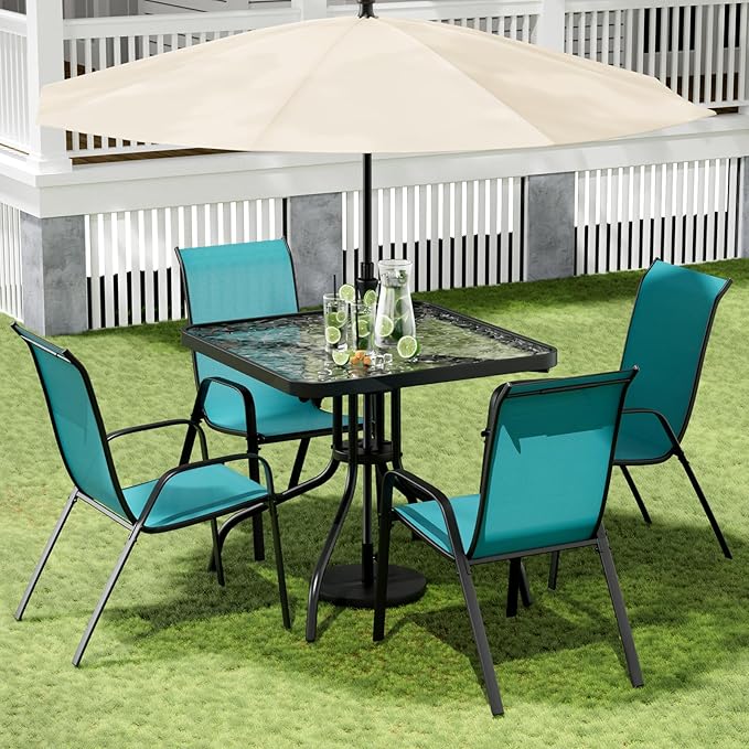 Arlopu 5 Piece Outdoor Patio Dining Set (Umbrella not Included), Porch Furniture with 4 Textline Chairs, 1 Square Glass Table for Garden, Backyard and Poolside, Lawn (Blue) Arlopu