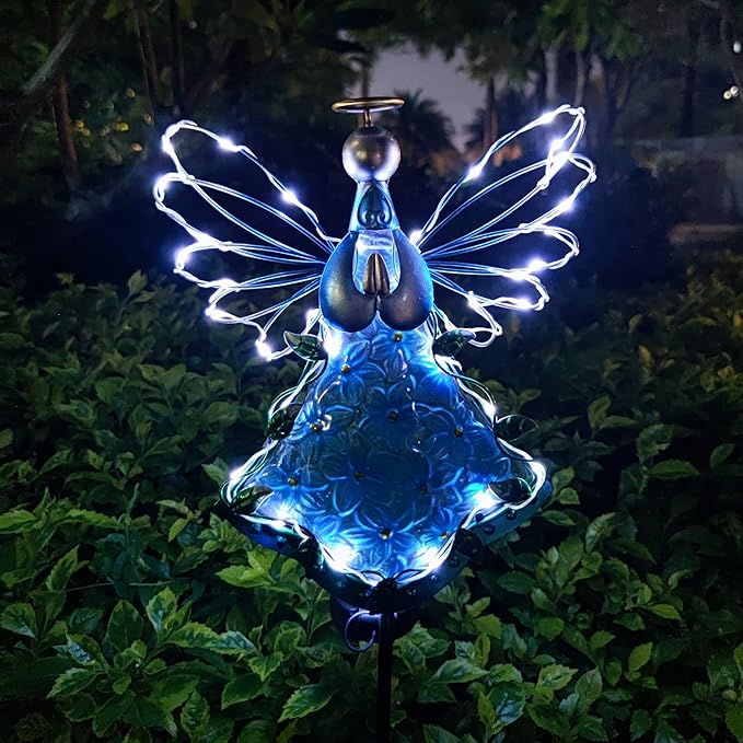 38Inch Angel Solar Lights Outdoor Decorative-Metal&Glass Angel Blue Hydrangea Flower Garden Stake- Waterproof 30 Warm White LED for Remembrance & Sympathy Gifts（Blue） COOZZYHOUR
