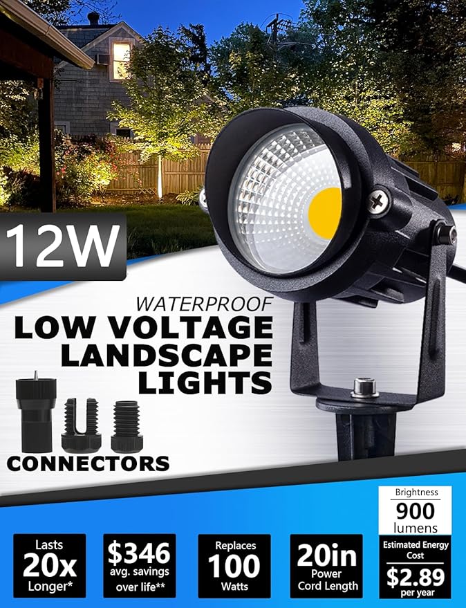 SUNVIE 12W Low Voltage LED Landscape Lights with Connectors, Outdoor 12V Super Warm White (900LM) Waterproof Garden Pathway Lights Wall Tree Flag Spotlights with Spike Stand (12 Pack with Connector) SUNVIE