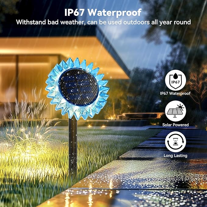 Outdoor Solar Lights, 2 Pack Led Solar Sunflower Lights, Stake/Wall 2-in-1 Waterproof Solar Garden Lights for Yard, Landscape, Fence, Patio, Driveway, Pathway, Backyard Decoration (Warm White) GIUNN
