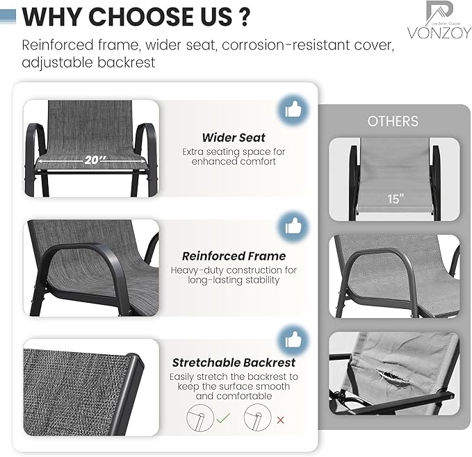 Patio Dining Chairs Set of 4, Stackable Dining Chairs High Back, Breathable Seat Fabric and Alloy Steel Frame Fit Backyard, Porch, Lawn，Poolside (Dark Grey) VonzoyHome