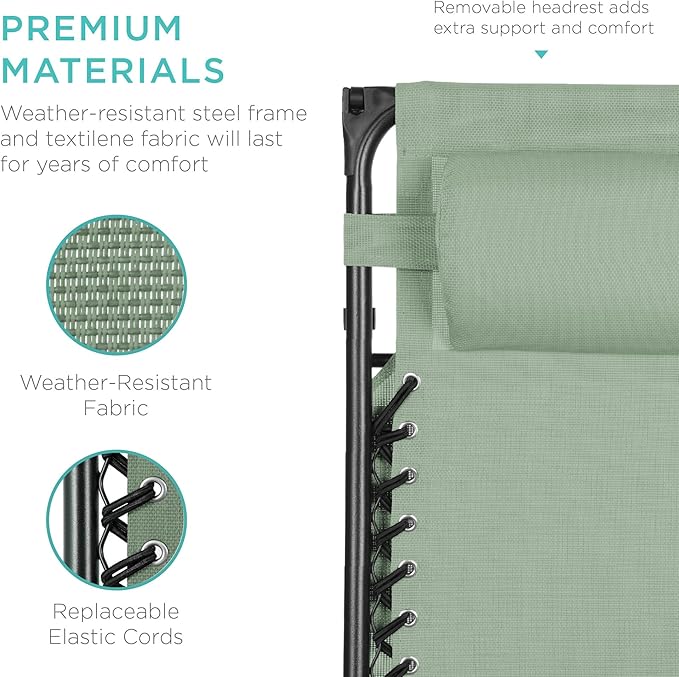 Best Choice Products Folding Zero Gravity Outdoor Recliner Patio Lounge Chair w/Adjustable Canopy Shade, Headrest, Side Accessory Tray, Textilene Mesh - Sage Green BestChoiceProducts