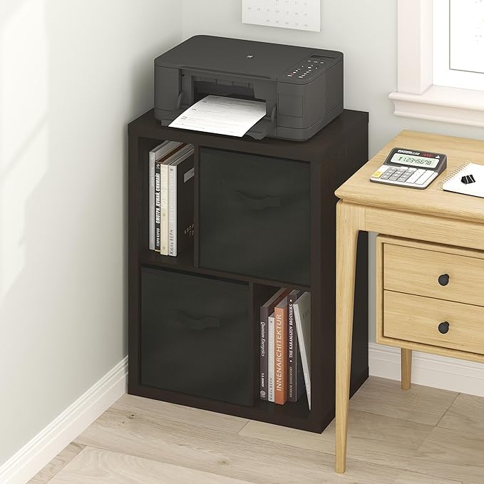 Furinno Viola Storage Shelf, 4-Tier Storage Rack with Bins, Book Shelf, Bookshelf, Display Rack with Drawer Bins, Extra Thick Frame, for Organization, Living Room, Home Office, Black Dark Oak Furinno-FitsYourSpaceFitsYourBudget