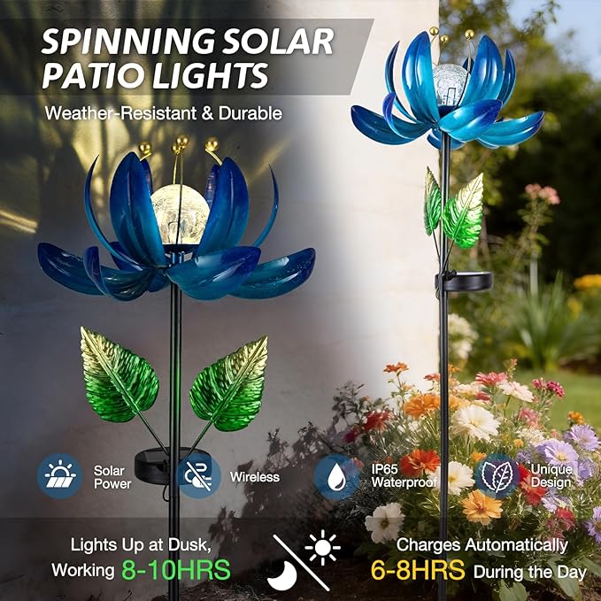 Solar Garden Lights Metal Flower Decor, Colorful Lotus Pathway Spinning Windmill with LED Cracked Crystal Ball Outdoor Decorative Stake Lighting Waterproof Flower Sculpture for Patio Yard AIINY