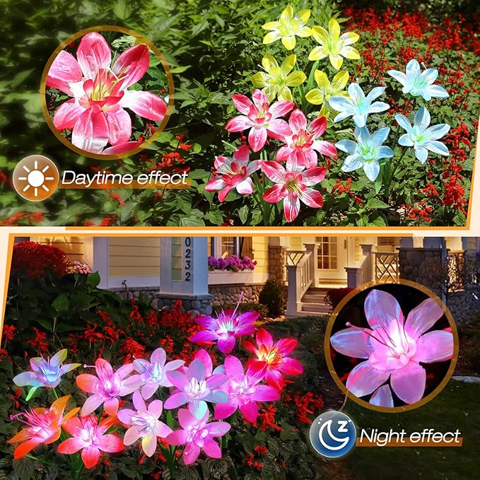 Aukora Solar Garden Lights Outdoor 5 Pack, 5 Colors Lily Flowers & 7-Color Changing Slide Beads Waterproof for Outside Pathway Patio Yard Decorations ＆ Mother's Day Gift, Red Yellow Blue White Purple AUKORA