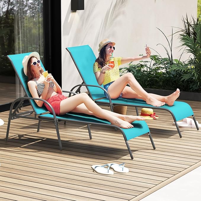 Giantex Patio Lounge Chair, Outdoor Chaise Lounge with 5 Adjustable Backrest, Sturdy Steel Frame, Sunbathing Recliner, Tanning Chair for Beach, Outside, Yard, Balcony, Pool Chairs (1,Turquoise) Giantex