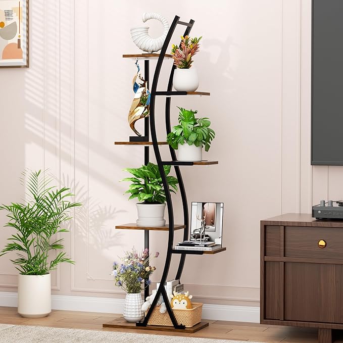 62“ Plant Stand Indoor with Grow Lights - 7 Tiered Tall Metal Plant Shelf - Corner Wooden Plant Stand for Indoor Plants Multiple, Large S-Shape Flower Rack Holder for Living Room, Garden, Patio Decor MJOMKN