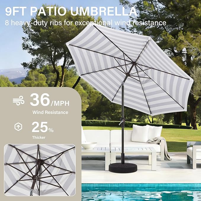 MEWAY 9ft Patio Umbrella Outdoor Table Umbrellas with Push Button Tilt and Crank, Market Umbrella 8 Sturdy Ribs for Deck, Garden, Pool and Backyard, Black-white-striped MEWAY