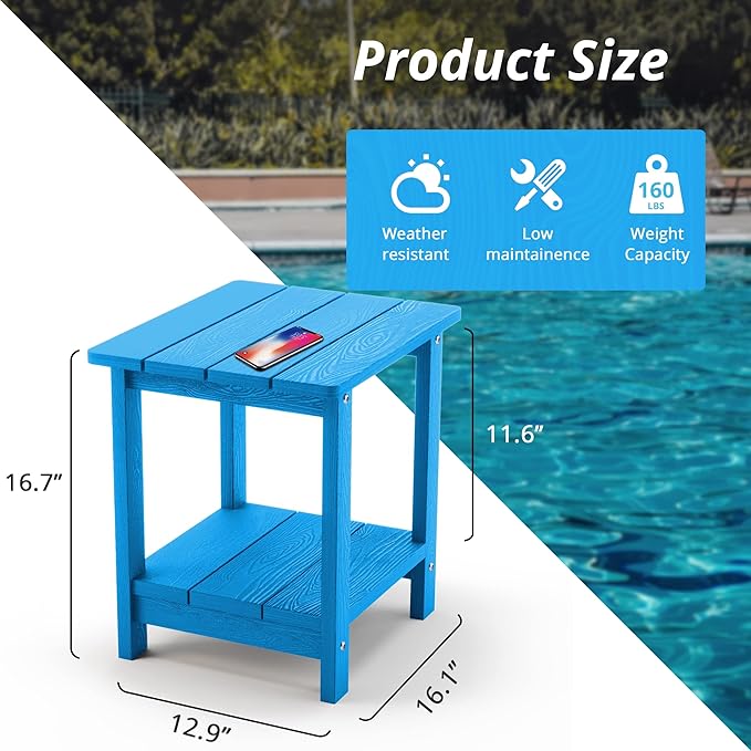 LUE BONA Adirondack Outdoor Side Table, 2-Tier Blue HDPS Patio End Table Weather Resistant, Morden Side Table for Patio, Pool, Porch LUEBONA