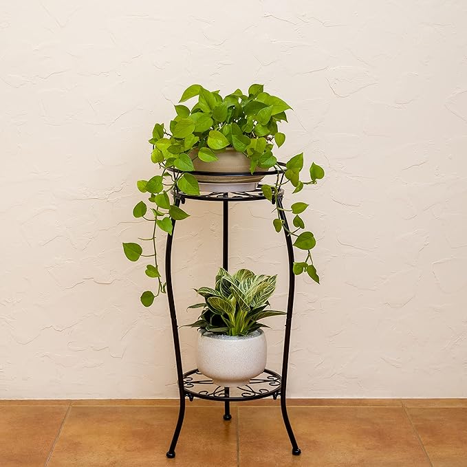 FaithLand Plant Stand, Metal Planter Holder Indoor Outdoor, 2 Tier Round Potted Supports Rack, Corner Display Shelf Black, Tall FaithLand