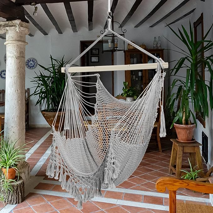 Hammock Chair，Max 330lbs, Large Hanging Chair, Soft Cotton Rope Swing Chair with High Load-Bearing Metal Rod,Indoor Outdoor Garden Yard Living Room Use YAERSI