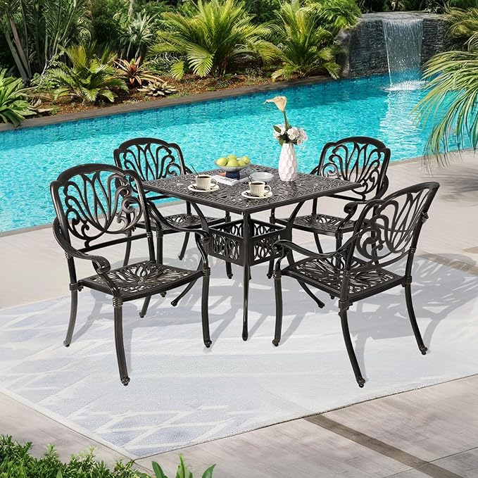 Cast Aluminum Outdoor Patio Dining Set, All Weather Outdoor Furniture Dining Set for Patio, Balcony, Lawn, Garden, Backyard (1 Square Table+ 4 Dining Chairs) Sumshadow