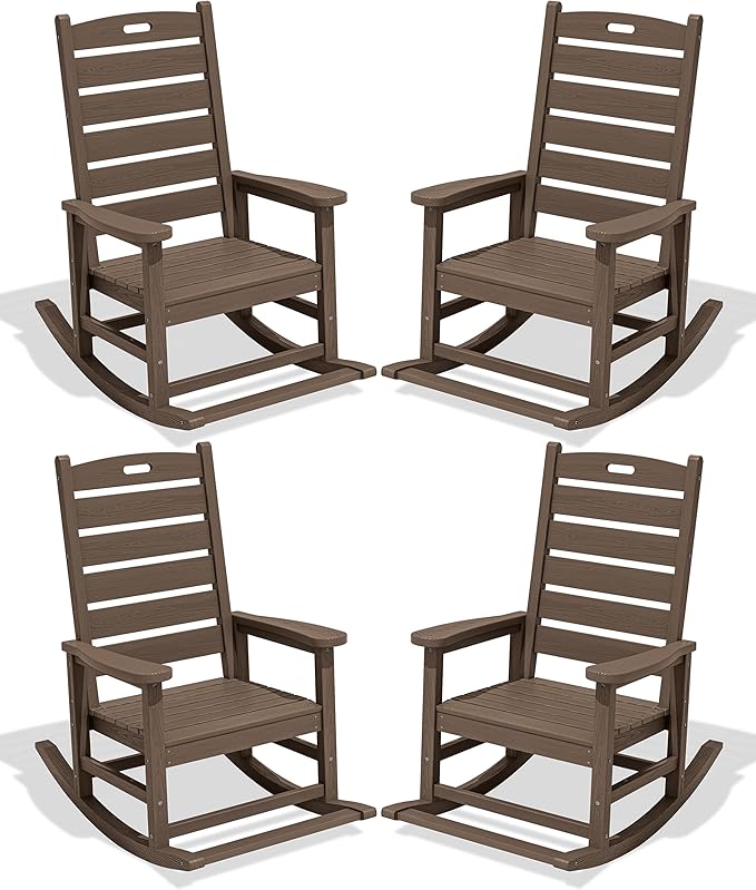 SERWALL Outdoor Rocking Chair Set of 4, Oversized HDPE Patio Rocking Chair with Footrest for Adults, All Weather Porch Rocker for Deck Patio Balcony, Coffee SERWALL