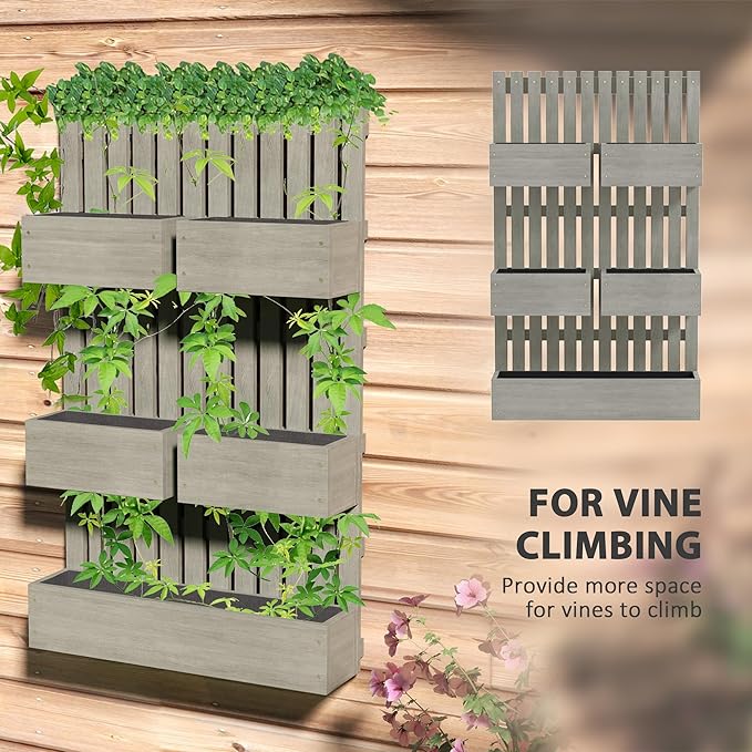 Outsunny 5 Box Raised Garden Bed with Trellis for Vine Flowers & Climbing Plants, 39" Tall Wall-Mounted Wood Planter Box Set with Adjustable Height, Drainage Hole, Gray Outsunny