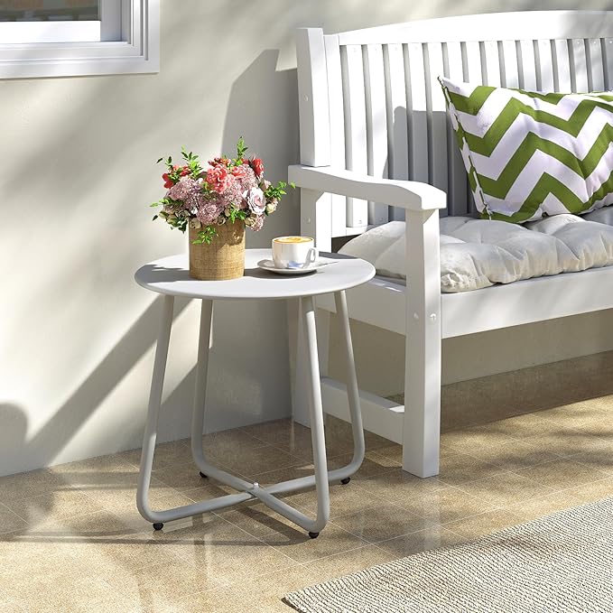 HollyHOME Round Metal Side Table, Rust-Resistant Patio Small Plant Stand, Outdoor 17.32'' Portable End Table for Balconies, Gardens, Living Rooms and Bedrooms, Grey HollyHOME