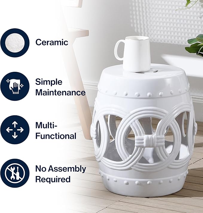 JONATHAN Y TBL1022A Lucky Coins 16" Chinese Ceramic Drum Indoor/Outdoor Garden Stool, Bohemian, Coastal, Cottage, French Country, Traditional, Spill-Proof, Living Room, Garden Room, Patio, White JONATHANY