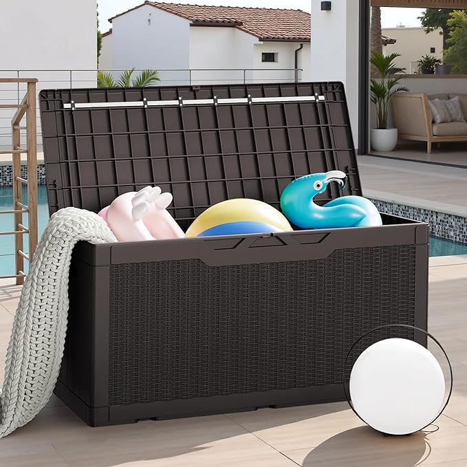 JUMMICO 100 Gallon Resin Deck Box, Waterproof Outdoor Storage Box with Lockable Lid for Garden Tools, Patio Cushions (Brown) JUMMICO