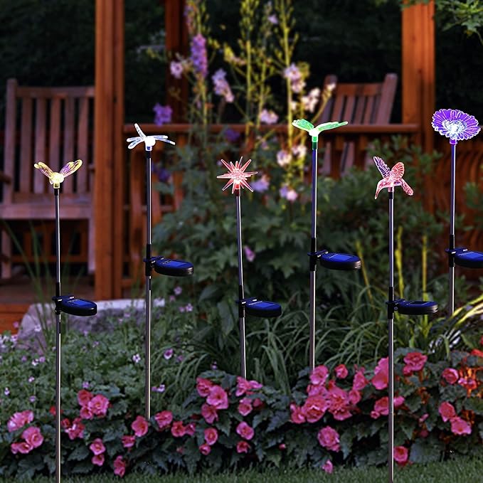Glintoper 6 Pack Solar Garden Stake Lights Outdoor, Solar Butterfly Figurine Lights, Multi-Color Changing LED Landscape Lighting, Sparkling Star Flower Hummingbird Dragonfly Bee for Patio Yard Pathway Glintoper