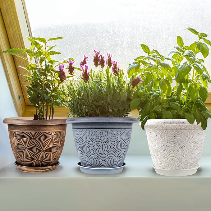6 Inch Flower Pots Planters for Indoor Outdoor Plants, 6 Pack Plastic Small Plant Pots with Drainage Hole & Tray, Modern Decorative Garden Pot with Saucer, Plant Container for House Fodetyff