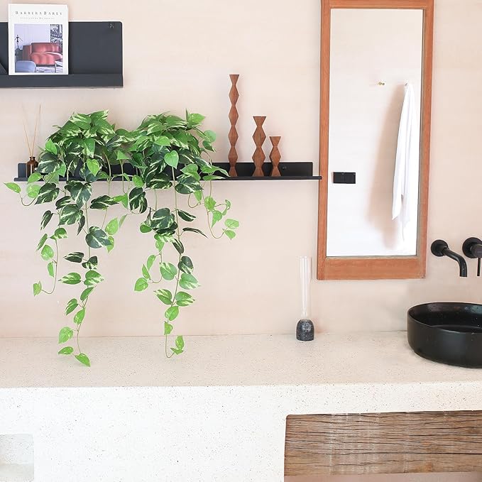 Fake Pothos Hanging Plants - 33" Set of 2 Artificial Silk Ivy Vines with Pots, Realistic Faux Greenery for Indoor Home Office Bathroom Decor, Low Maintenance Hanging Plant Decoration - Golden Green ALYPTUS