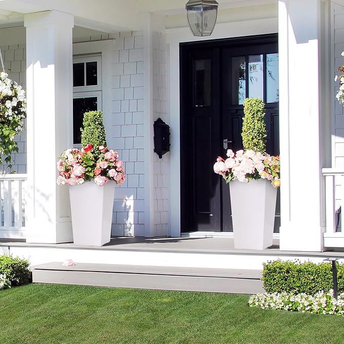Garvee 22.5" Tall Planters Set of 2, Outdoor＆Indoor Black Planter Pots, High Front Porch Planter Pots with Drainage Holes＆Water Level Monitor＆Inner Bucket,White Garvee