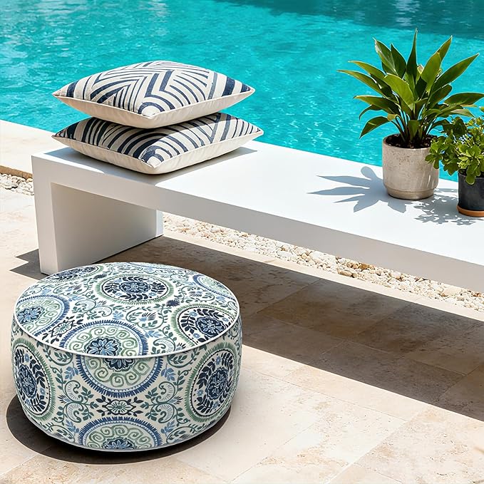 LVTXIII Indoor/Outdoor Inflatable Ottoman with Handle D21 x H9 Inch, Weather-Resistant Round Footstool Pouf for Patio Camping Living Room, Portable Footrest Extra Seating, Coastal Medallion LVTXIII