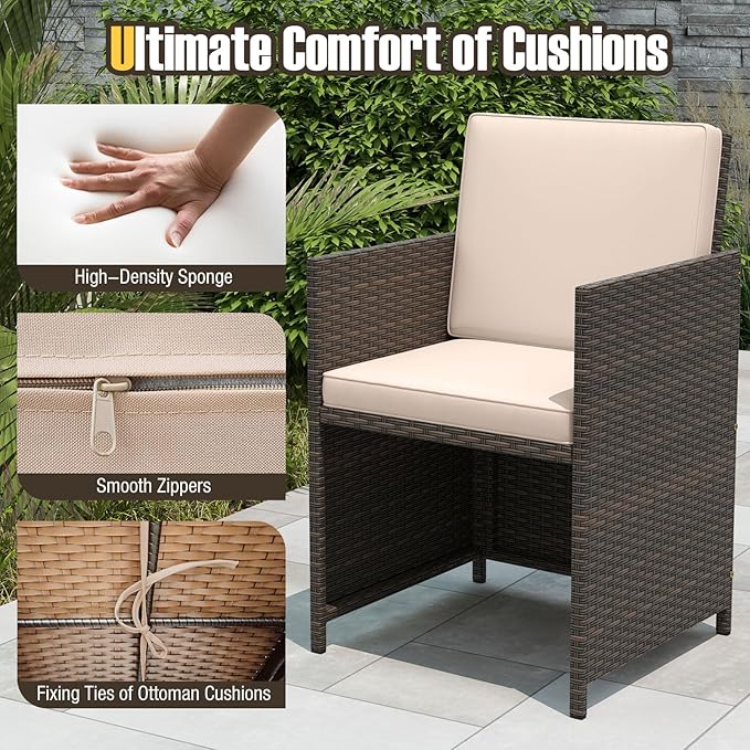 Tangkula 9 Piece Patio Dining Set, Rattan Chairs with Tempered Glass Table & Ottoman, Space Saving Wicker Sectional Conversation Set with Removable Cushions, Outdoor Furniture for Backyard Garden Deck TANGKULA