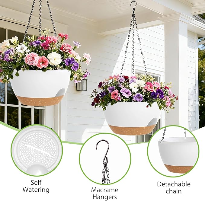 8 Inch Hanging Planters for Indoor Outdoor Plants, 4 Pack White Brown Plastic Self Watering Hanging Baskets with Drainage Holes and Chain for Garden Porch SQKH
