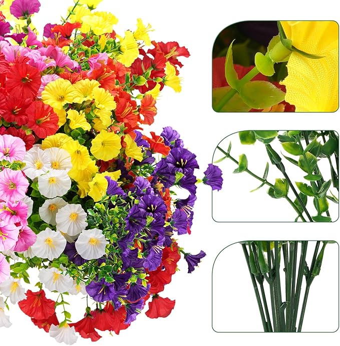 Artificial Flowers for Outdoors, UV Resistant Fake Silk Morning Glory, Realistic Faux Plants for Outside Porch Patio Window Box Hanging Planter (12, Purple White Yellow Pink Red) maxkes