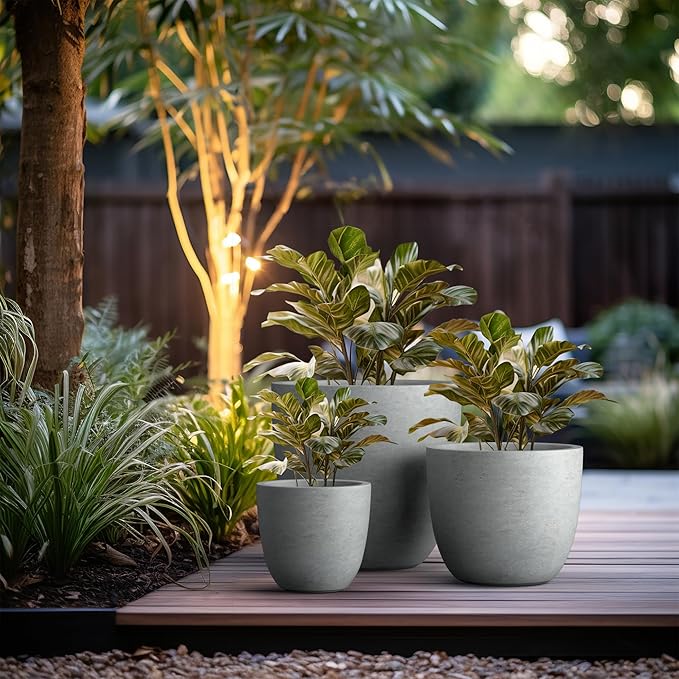 Kante 18",14",10" Dia Concrete Round Planters (Set of 3), Outdoor Indoor Large Planter Pots with Drainage Hole and Rubber Plug for Home Patio Garden, Natural Concrete Kante