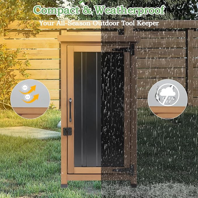 Small Outdoor Storage Cabinet Waterproof with Metal Top, Wood & Metal Outside Potting Bench Table Tool Organizer with Adjustable Shelf for Patio Backyard Garden PETSCOSSET