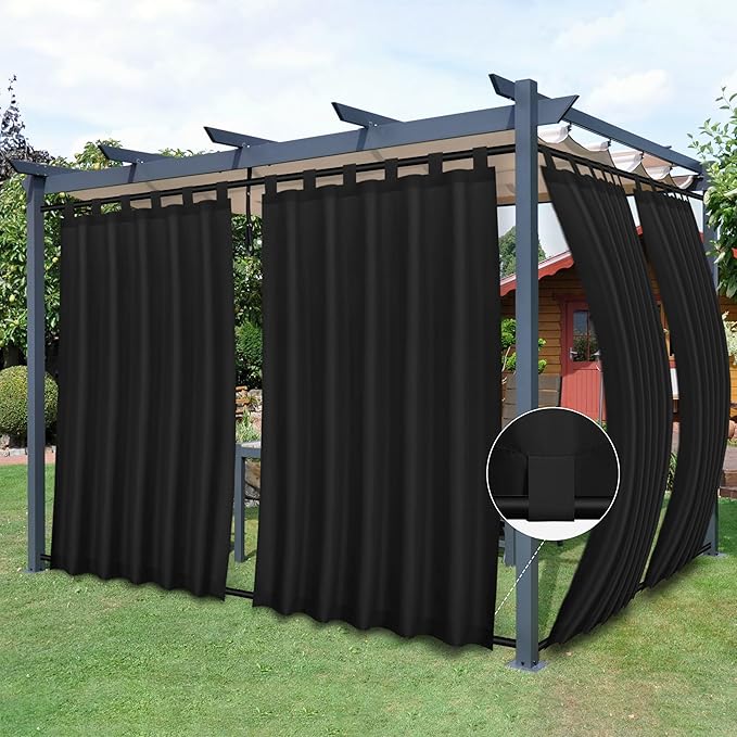 Easy-Going Outdoor Patio Curtains Detachable Tab Top Windproof Weatherproof Curtain for Cabana, Porch, Pergola and Gazebo, Tab Bottom Drape, 2 Panels, 54W x 84L inch, Black Easy-Going