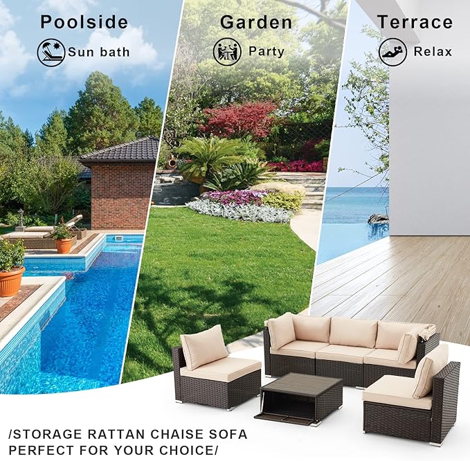 HOMREST 6 Pieces Patio Furniture Sets, Rattan Daybed with Retractable Canopy, Outdoor Sectional Sofa Set with Adjustable Backrest, Chaise Chair Sunbed for Garden Poolside Backyard (Khaki) HOMREST