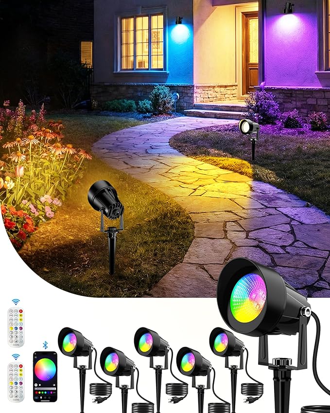 CORESLUX Christmas Smart Spot Lights Outdoor, Color Changing Warm White Landscape Lights with APP and Remote Control, Spotlight Waterproof for Garden Yard Patio Landscape, 6 Pack CORESLUX
