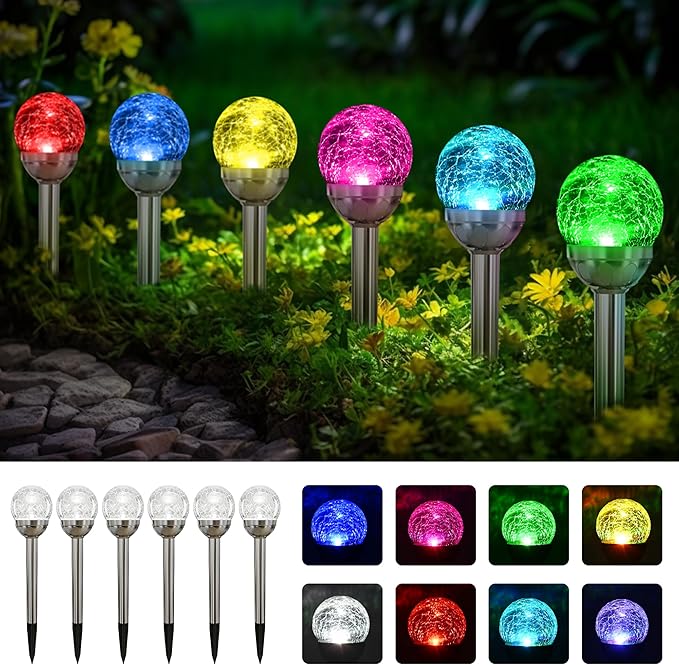 SOLPEX Solar Garden Lights Outdoor, 6 Pack Multi-Color Changing&White 2 Modes Solar Powered Glass Ball Garden Lights, Waterproof for Patio Decoration Solpex