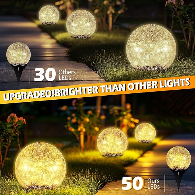 Coroor Garden Solar Ball Lights Outdoor Waterproof, 50 LED Cracked Glass Globe Solar Power Ground Lights for Path Yard Patio Lawn, Christmas Decoration Landscape Warm White(2 Pack 4.7'') Coroor