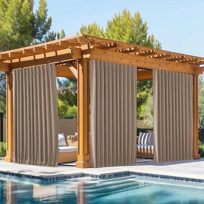 NICETOWN 2 Panels Outdoor Curtains Waterproof Pocket & Back Tab on Top & Bottom, Thermal Insulated Windproof Sun Blocking Outside Privacy Drapes for Patio with Fixed Rope, W84 x L95, Tan NICETOWN
