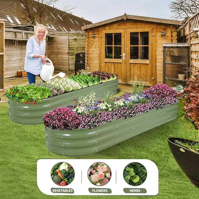 Galvanized Raised Garden Bed - 8x2x1FT Metal Planter Boxes Outdoor | Oval Steel Raised Bed Kit for Gardening with Protective Tape, Bracing Rods, Gloves for Vegetables, Flower, Herb (Green) Permade
