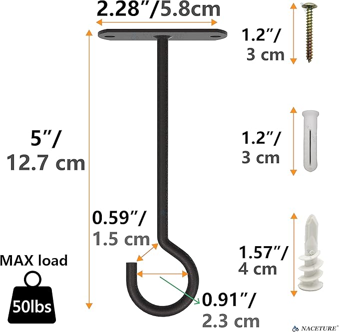 NACETURE Ceiling Hooks Heavy Duty 2 Pack - Plant Hooks for Ceiling Hanging Hook for Hanging Basket Hook, Light, Bird Feeders, Wind Chimes Décor Indoor & Outdoor (Black, 5 Inch 6 Pack) NACETURE