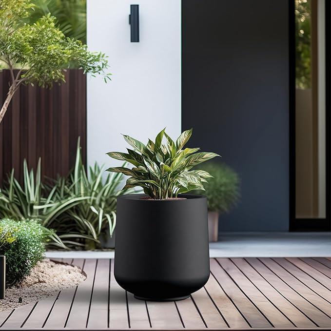Kante 15.3" Dia Round Concrete Planter, Outdoor Indoor Large Plant Pots Containers with Drainage Hole and Rubber Plug for Home Garden Patio, Black Kante